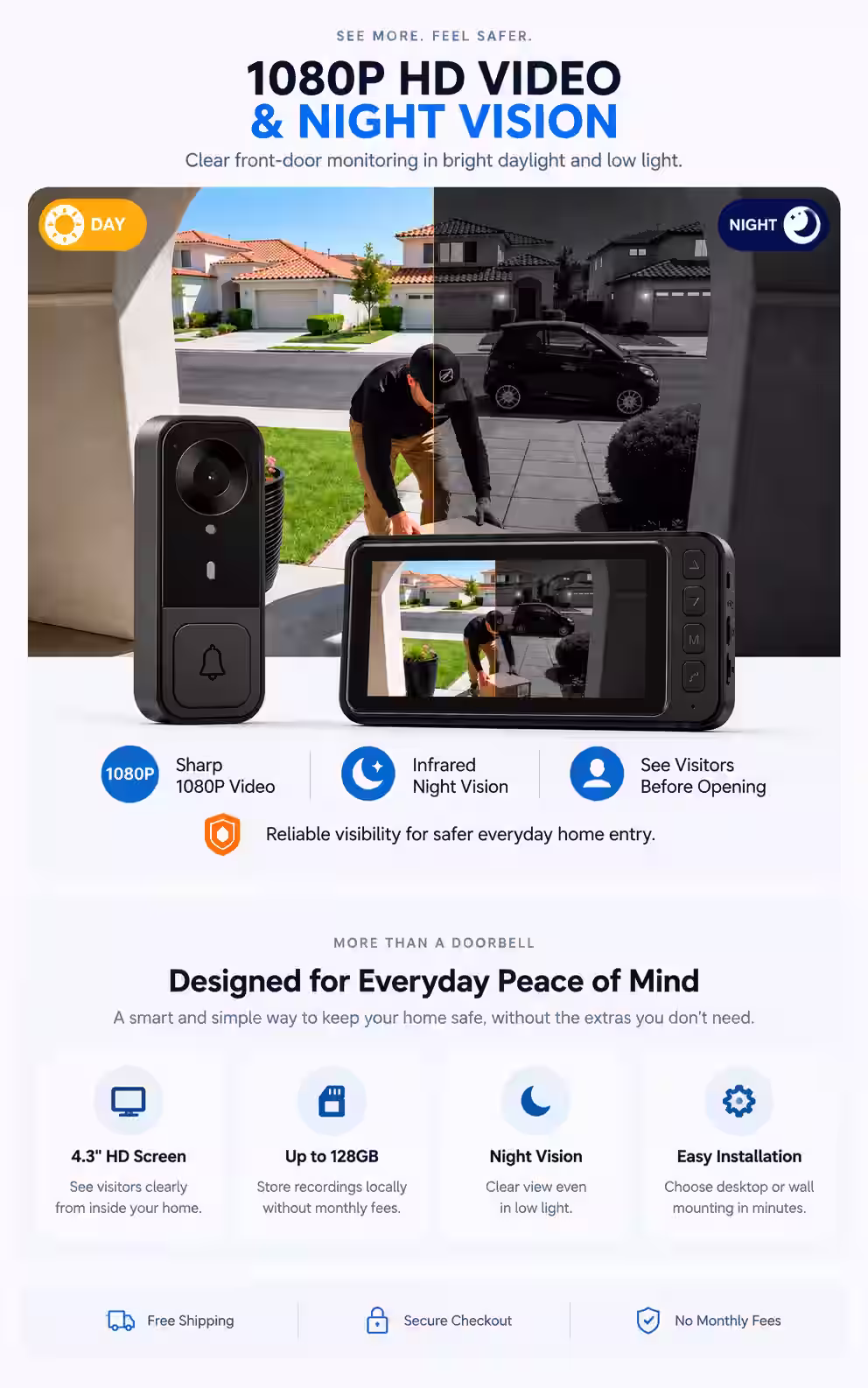 Doorly View wireless video doorbell with HD video and night vision